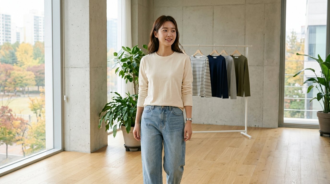 거리에서 다양한 긴팔티셔츠를 착용한 여성들이 걸어가는 모습