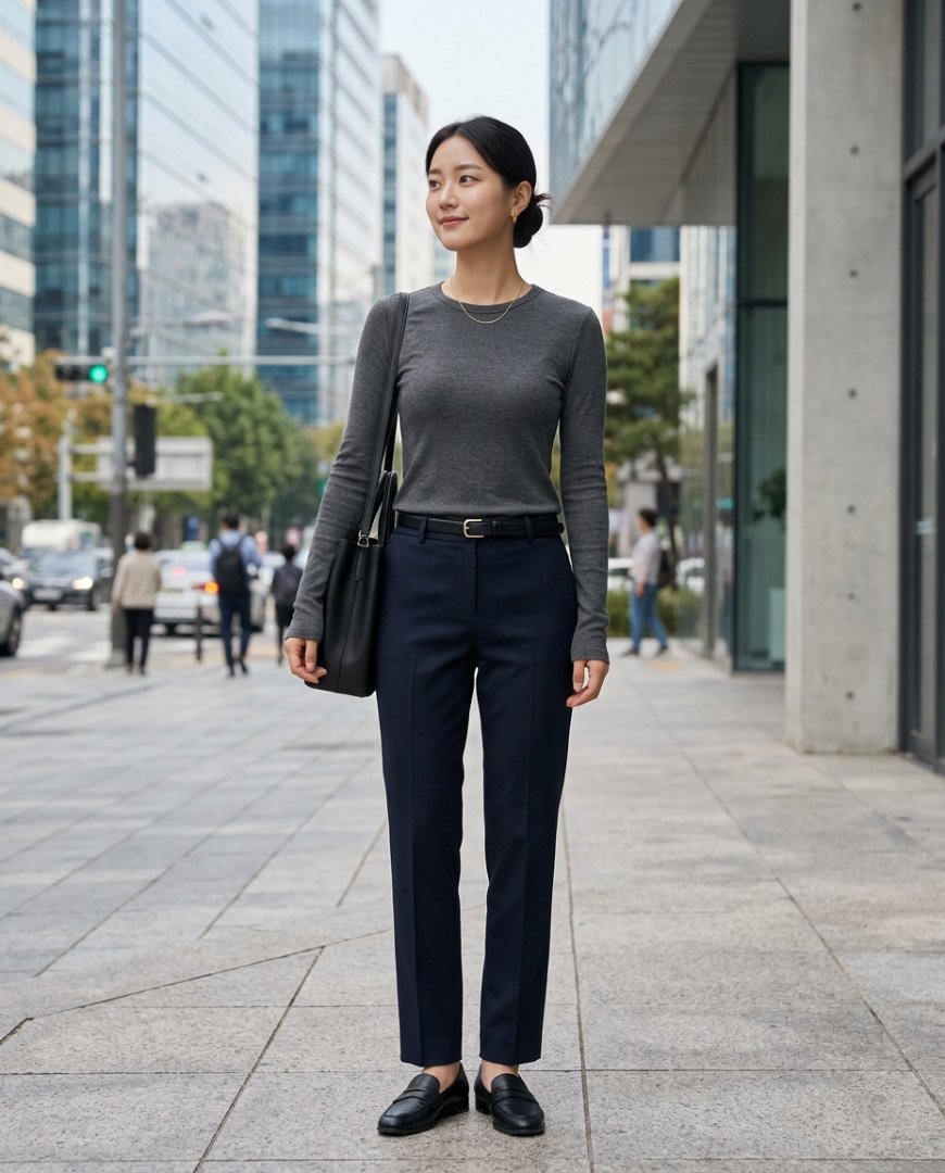 슬랙스와 긴팔티로 세련된 오피스룩 완성