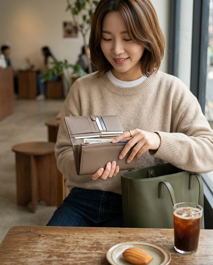 커피 테이블에 캐주얼하게 놓인 소가죽 장지갑