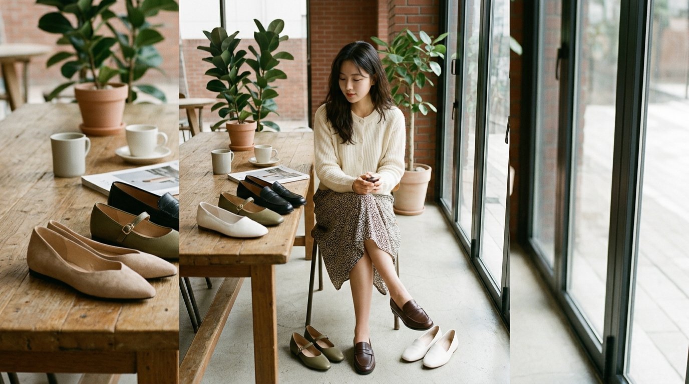 다양한 여성 단화들이 진열된 장면을 보여주는 장면