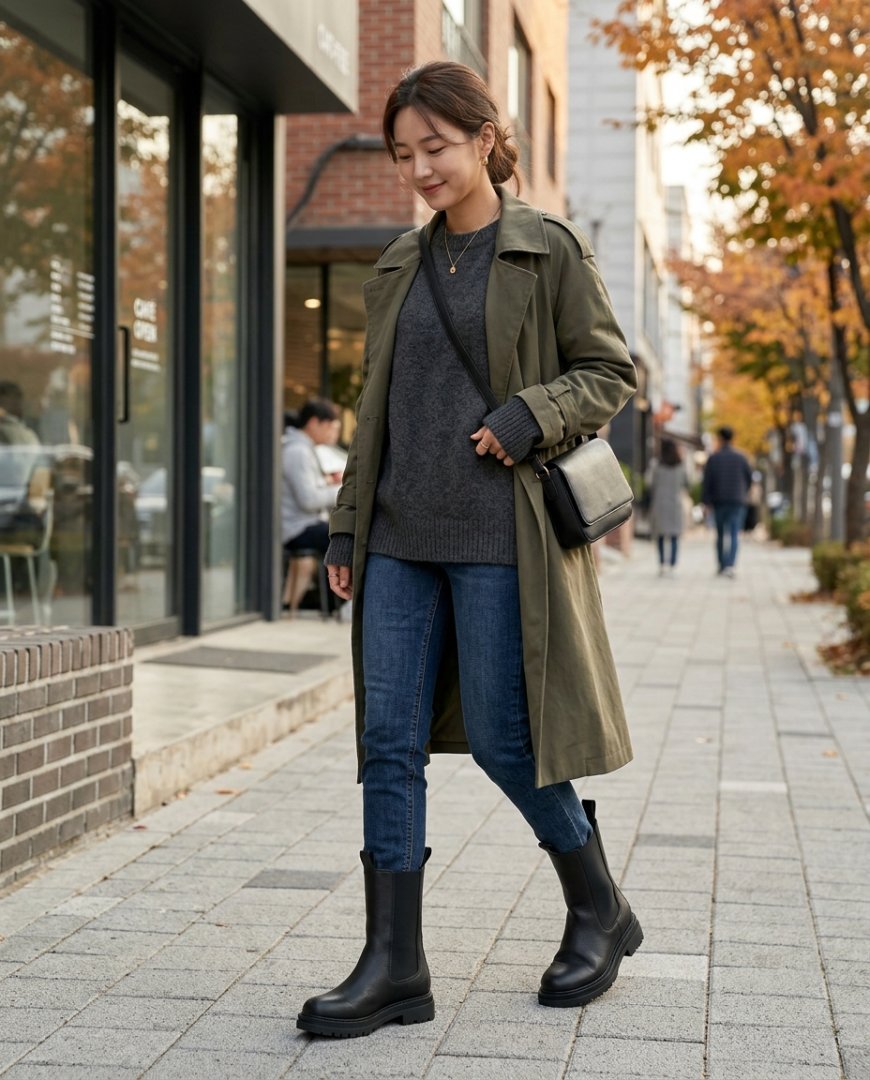 도심 배경으로 슬랙스와 미들부츠 착용한 여성