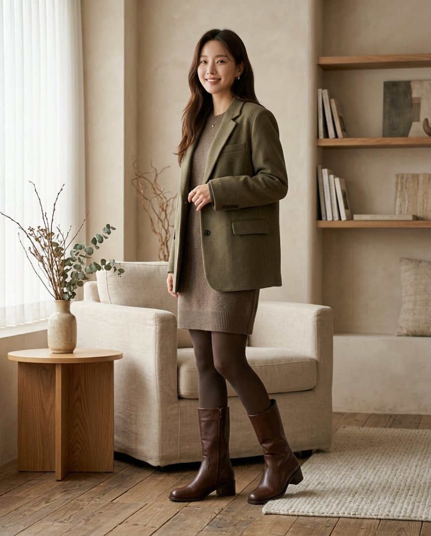 우아한 코트와 미들부츠 착용한 여성