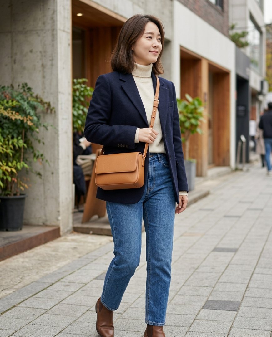 도심 거리에서 캐주얼하게 미니백을 즐기는 여성
