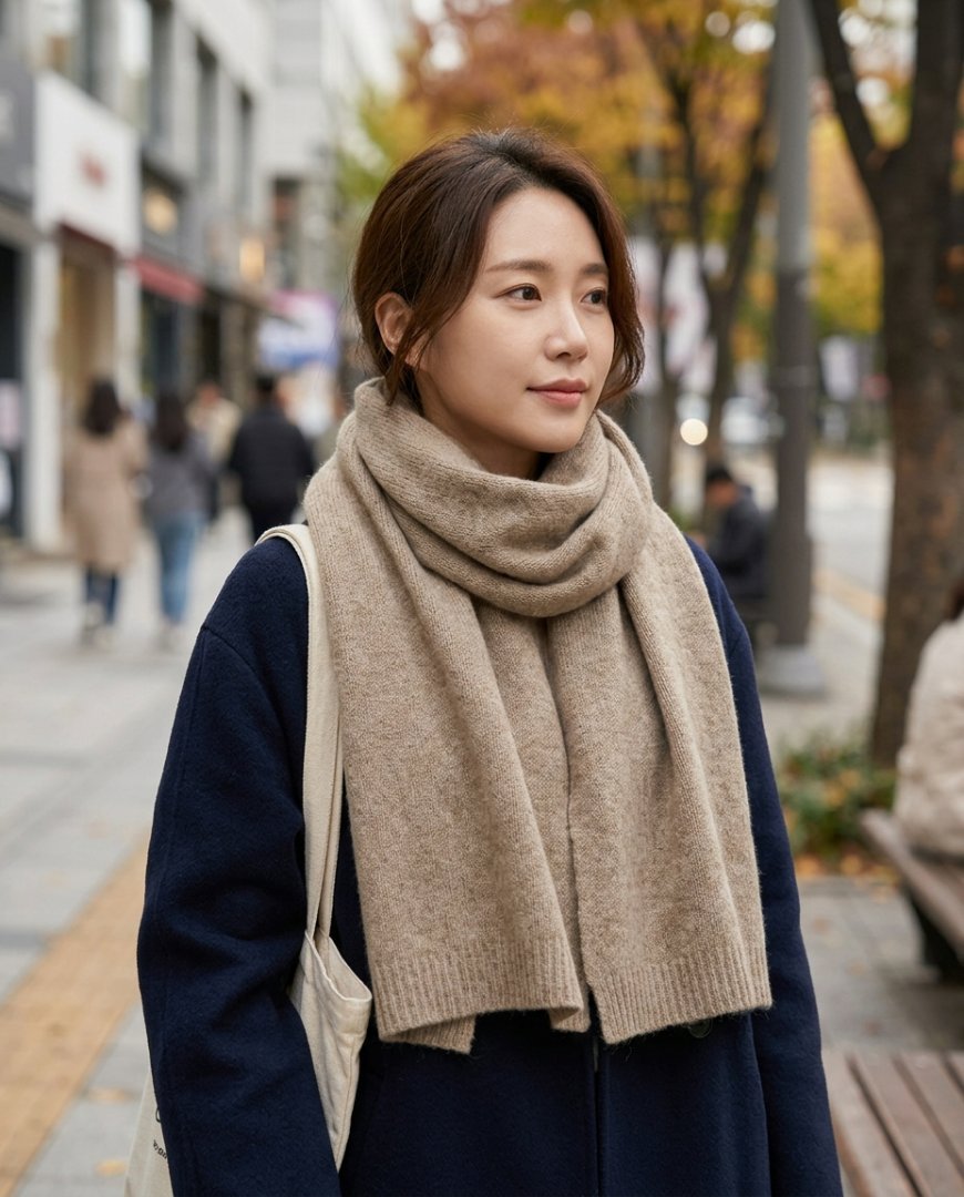 편안한 차림의 여성이 밝은 색상 머플러를 두르고 있는 거리 모습