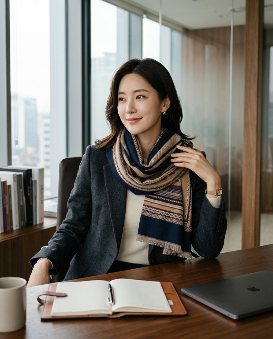 사무실 책상 앞에서 캐시미어 머플러를 두른 비즈니스 우먼