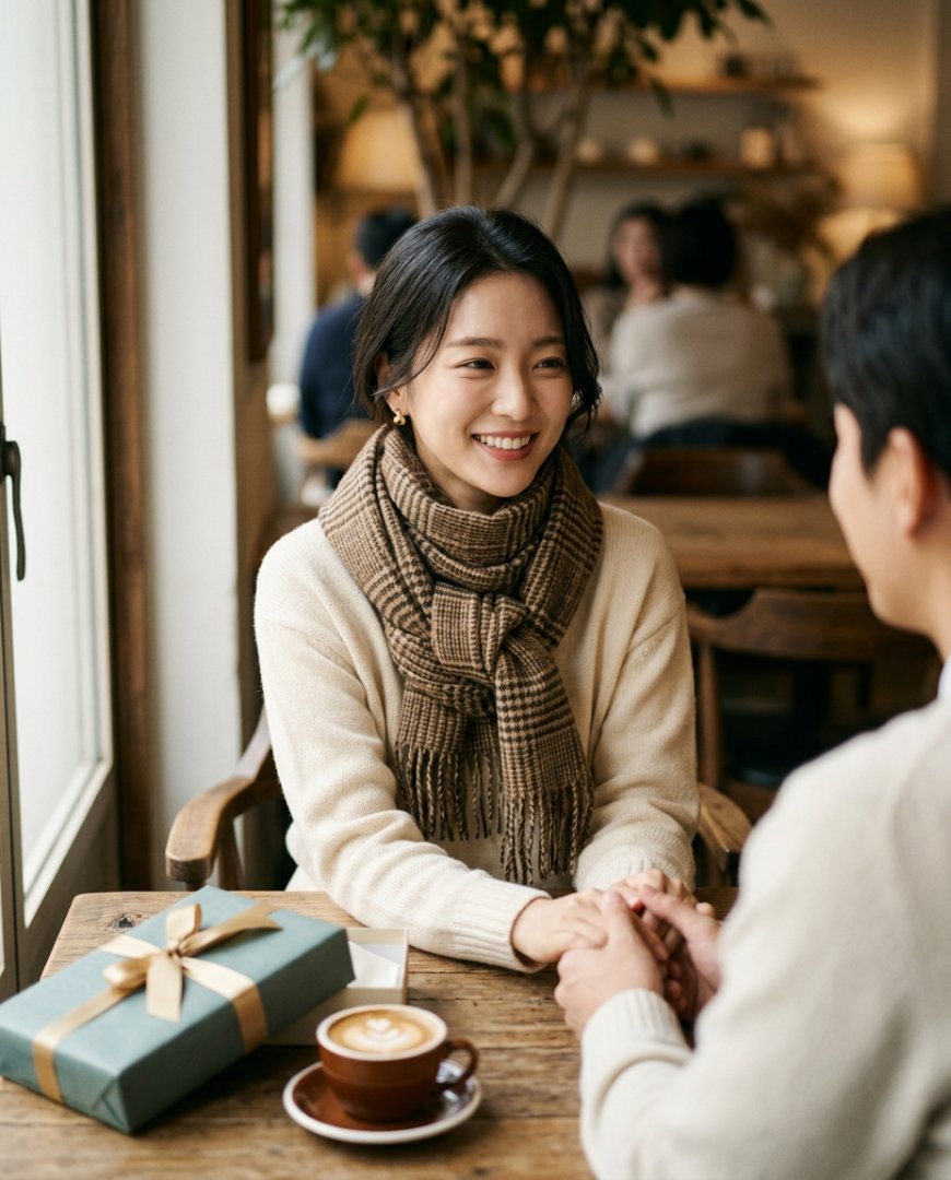 아늑한 방 안에 포장된 머플러 선물 상자