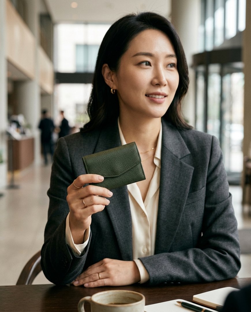 정장 주머니에 있는 브라운 명함지갑