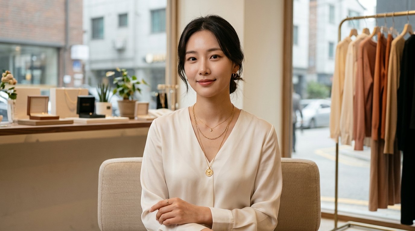 해변을 배경으로 여성 목걸이를 착용한 여성이 걸어가는 모습