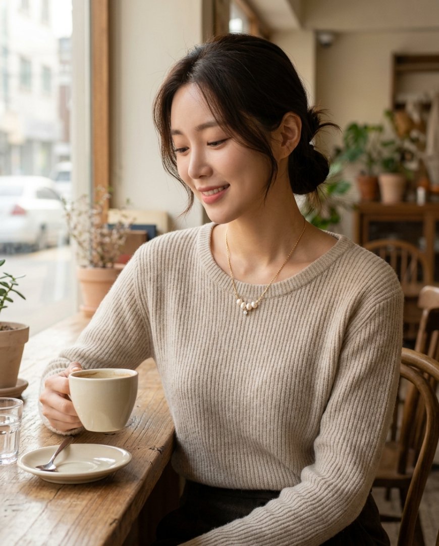 서재에서 화이트 목걸이를 착용한 여성이 책을 읽고 있는 장면