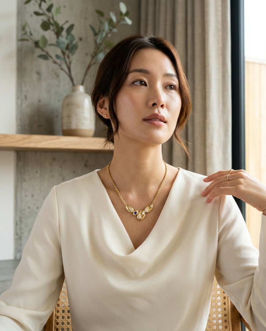 도시 카페에서 실버 목걸이를 착용한 여성이 편안하게 앉아 있는 모습
