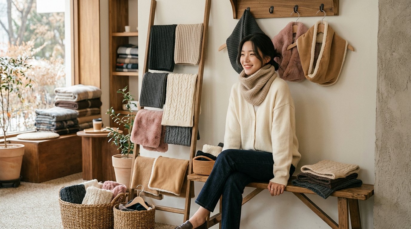 여성이 공원에서 브라운 넥워머와 커피를 들고 있는 모습