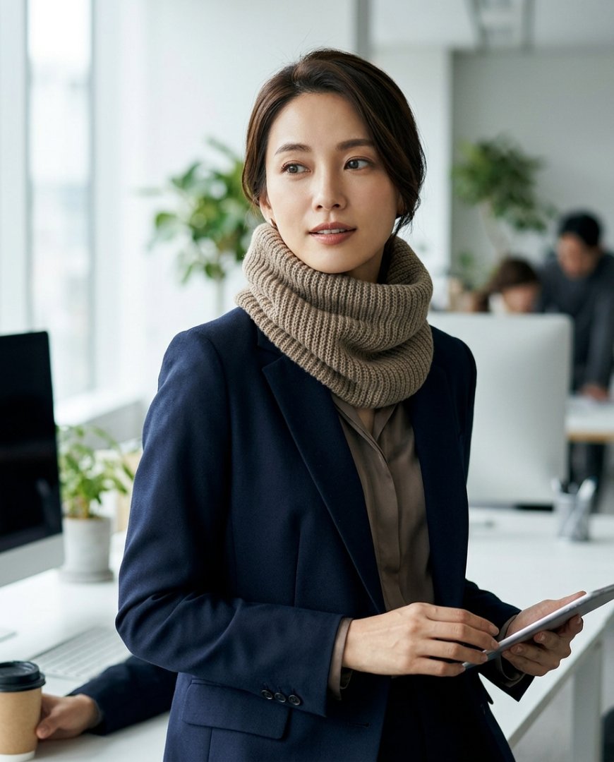 블랙 넥워머를 두른 여성이 사무실에서 서류를 보는 장면