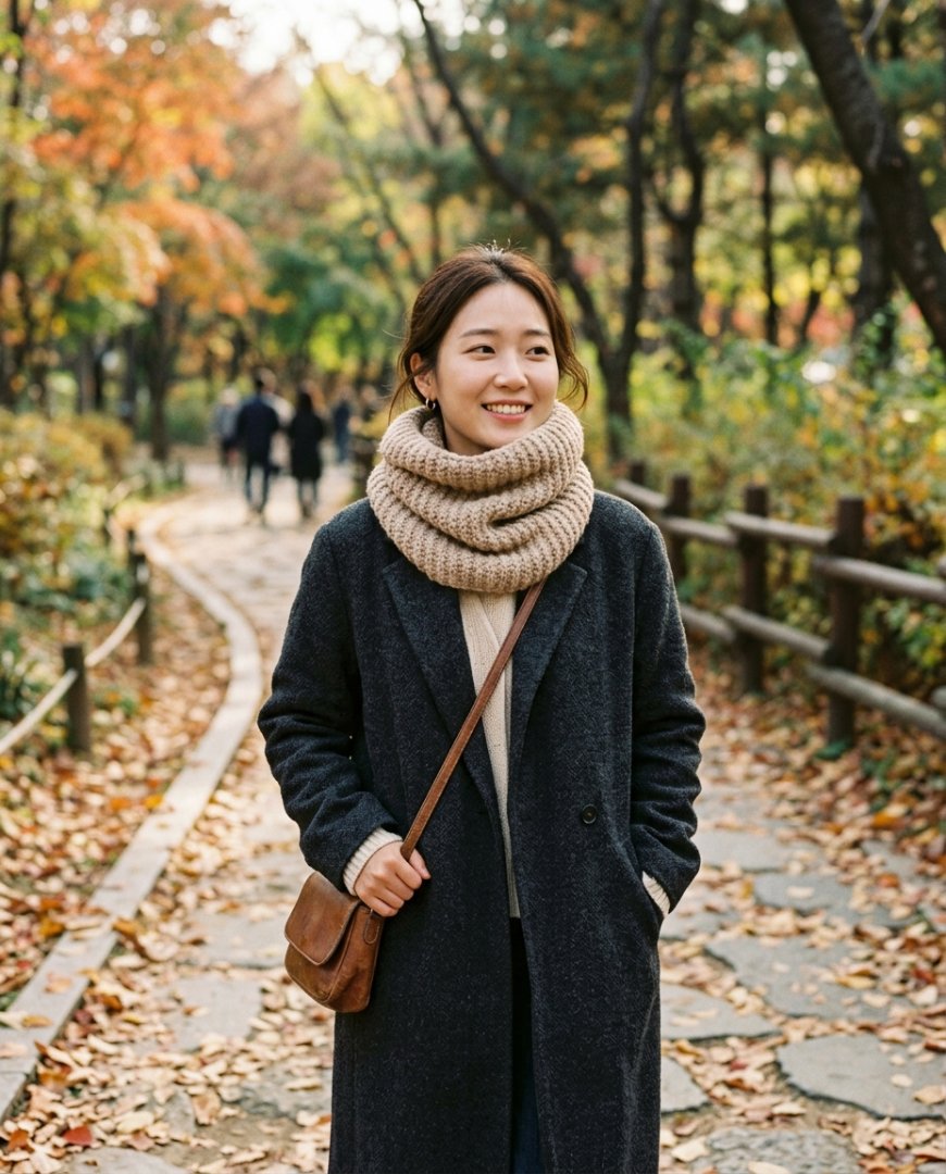 브라운 넥워머를 착용한 여성이 도시에서 산책하는 모습