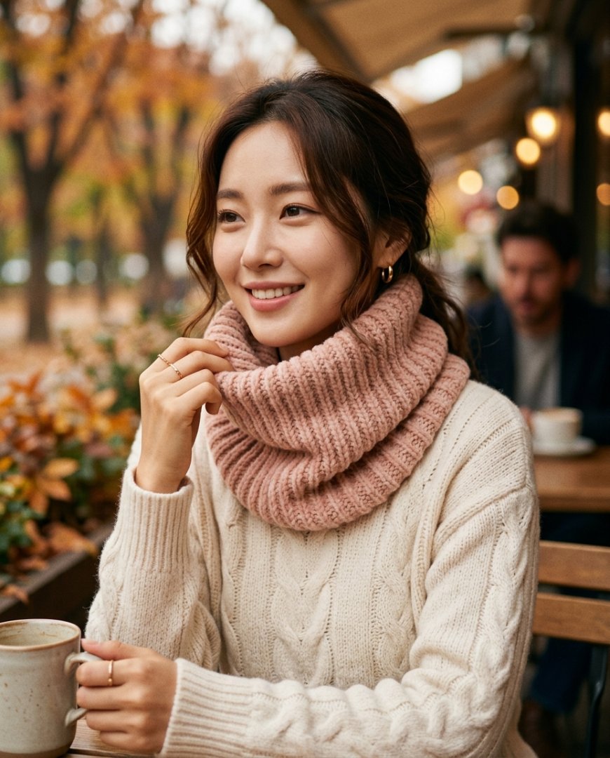 화이트 넥워머를 착용한 여성이 카페에서 커피를 마시는 장면