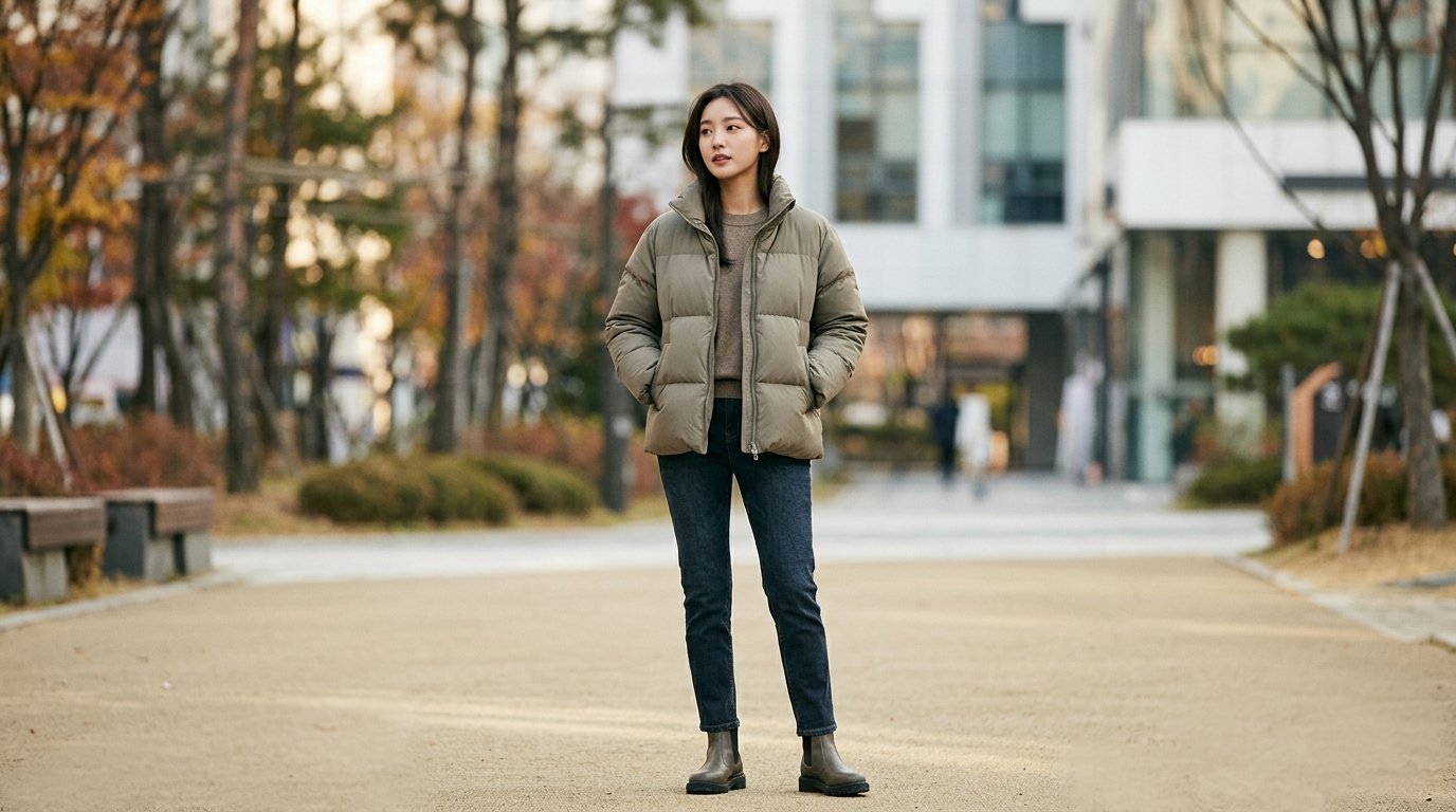 겨울 거리에서 여성 모델이 패딩을 입고 걷고 있는 장면