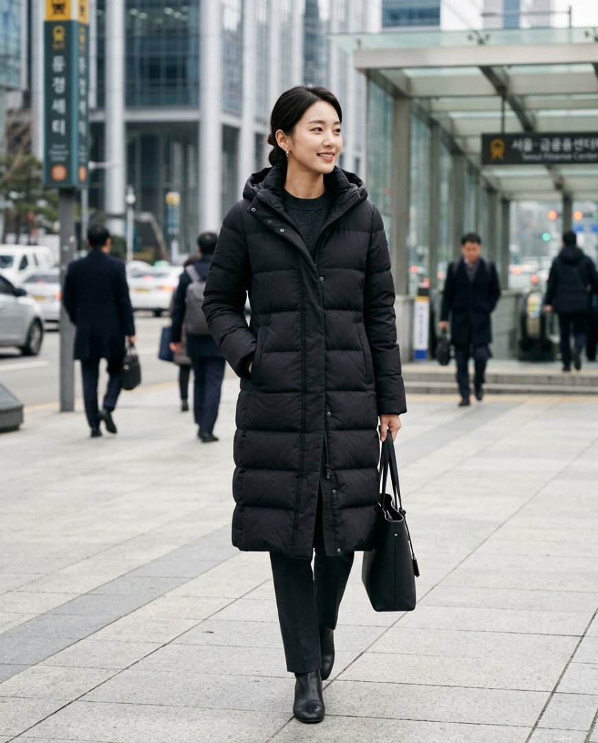 오피스에서 클래식 패딩을 입은 여성이 슬랙스를 매치한 모습
