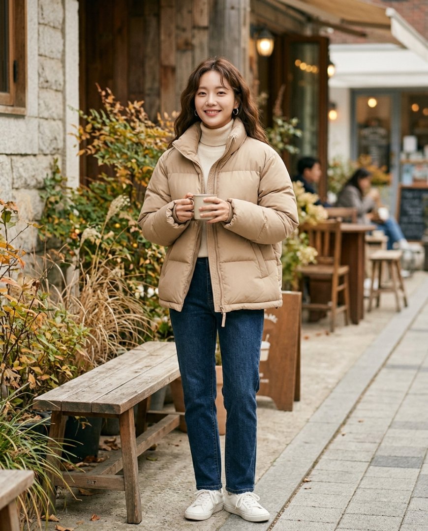 주말 거리에서 캐주얼 패딩을 입은 여성