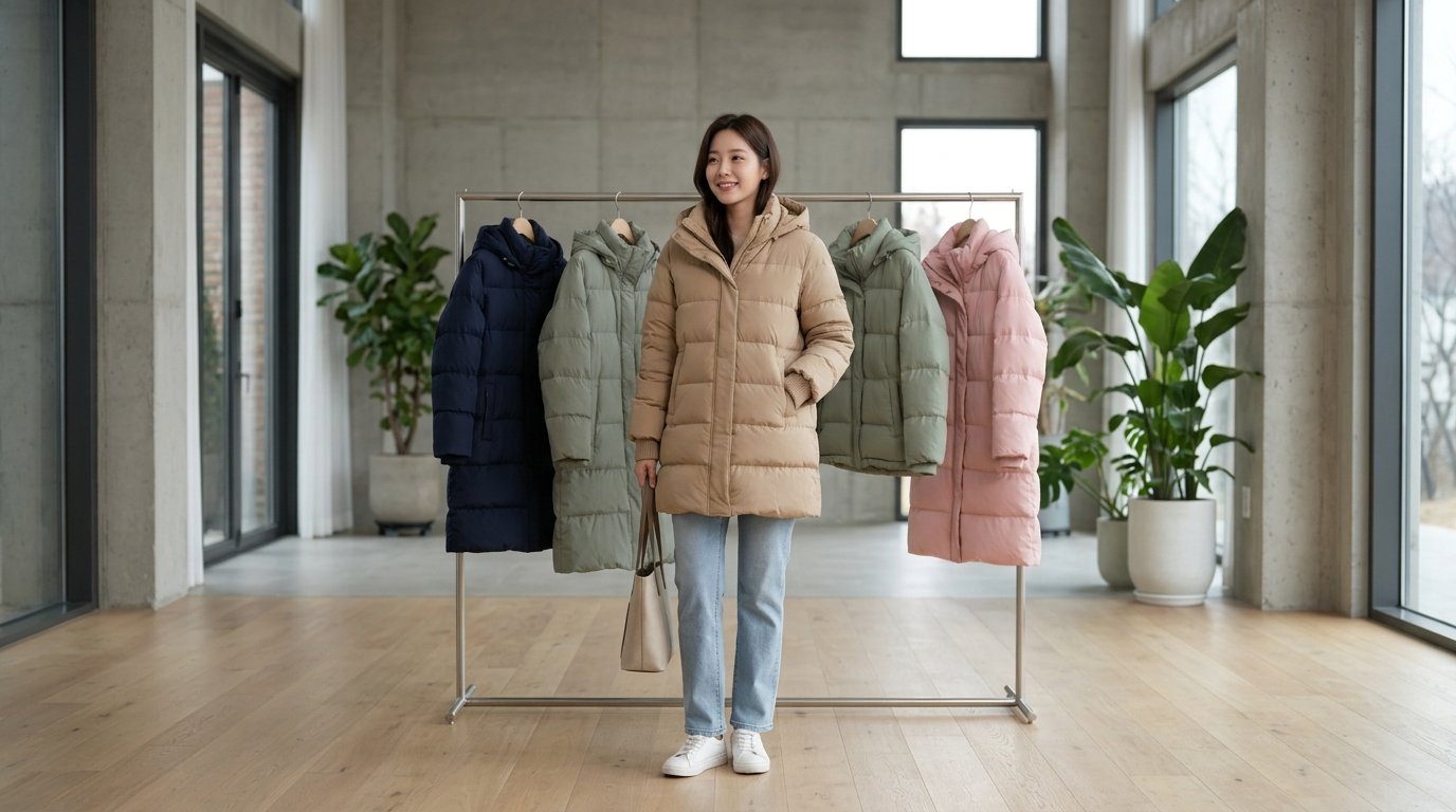 도심 겨울 거리에서 편안하게 입은 패딩점퍼 착장