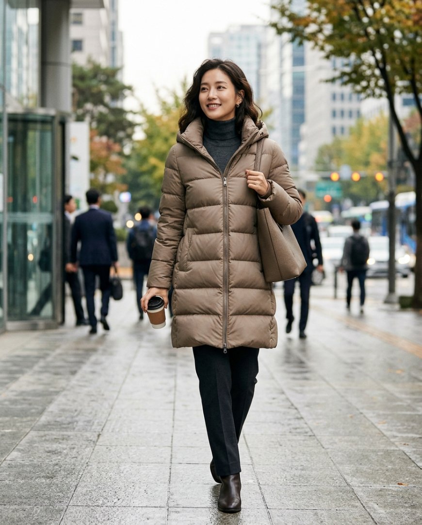 사무실 복도에서 패딩점퍼와 블랙 슬랙스를 입은 직장인