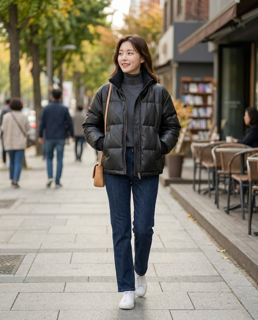 공원 벤치에서 패딩점퍼와 청바지를 입고 스니커즈를 신은 인물