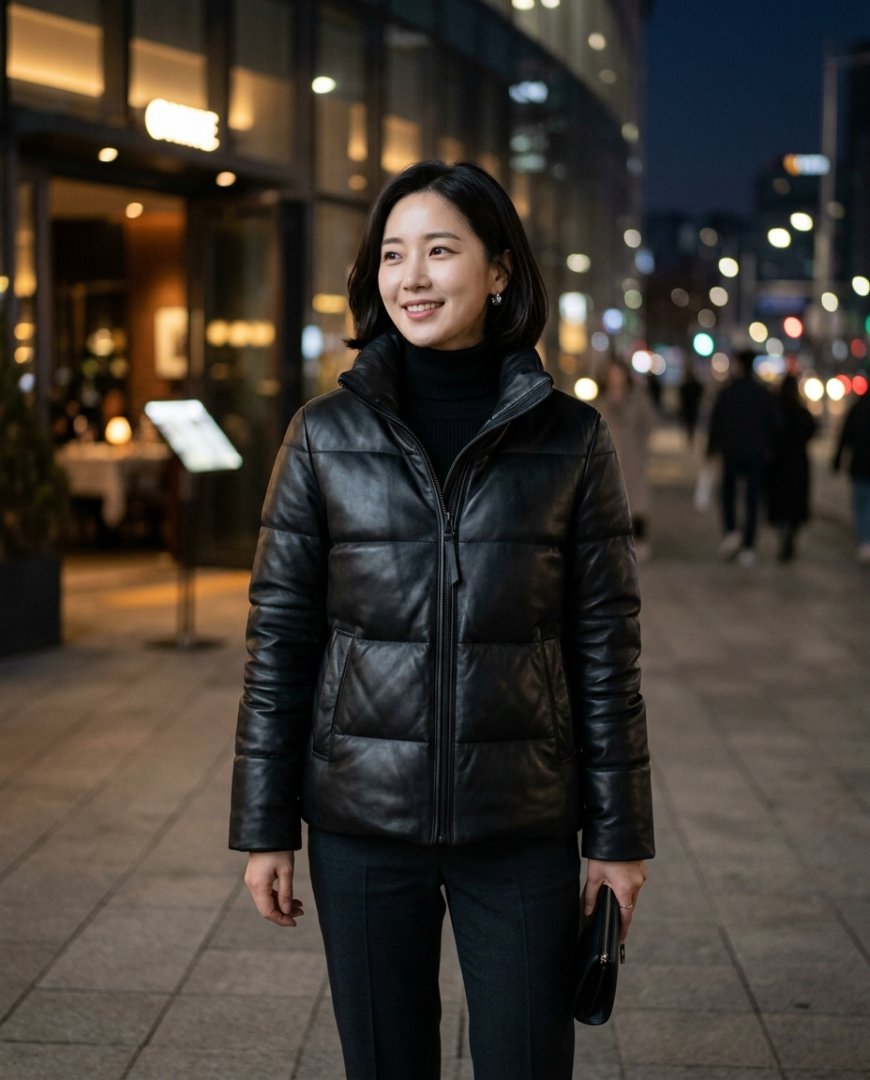 레스토랑에서 패딩점퍼와 블랙드레스를 입은 여성