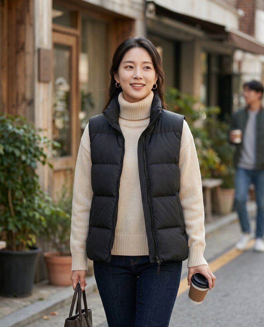 도심 거리에서 블랙 패딩조끼와 데님 팬츠를 입은 모습