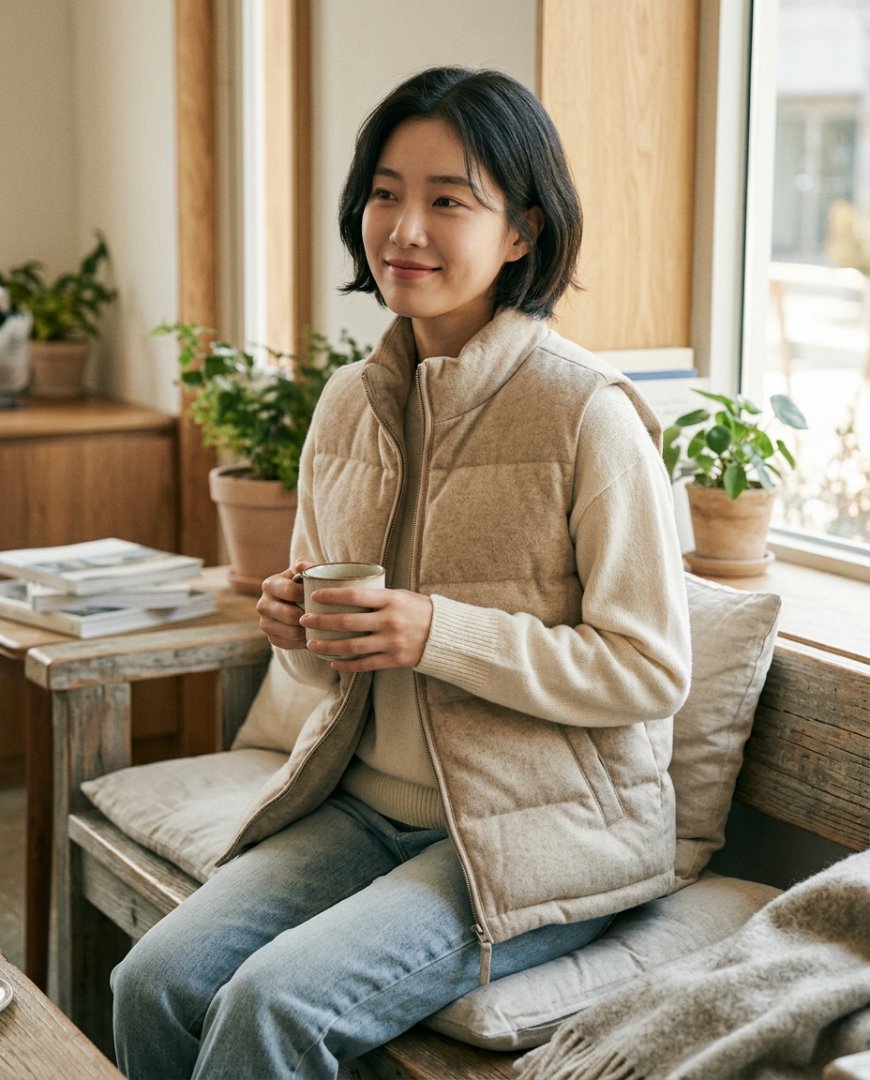 발코니에서 아이보리 패딩조끼와 니트 스커트를 입은 주말 아침 모습