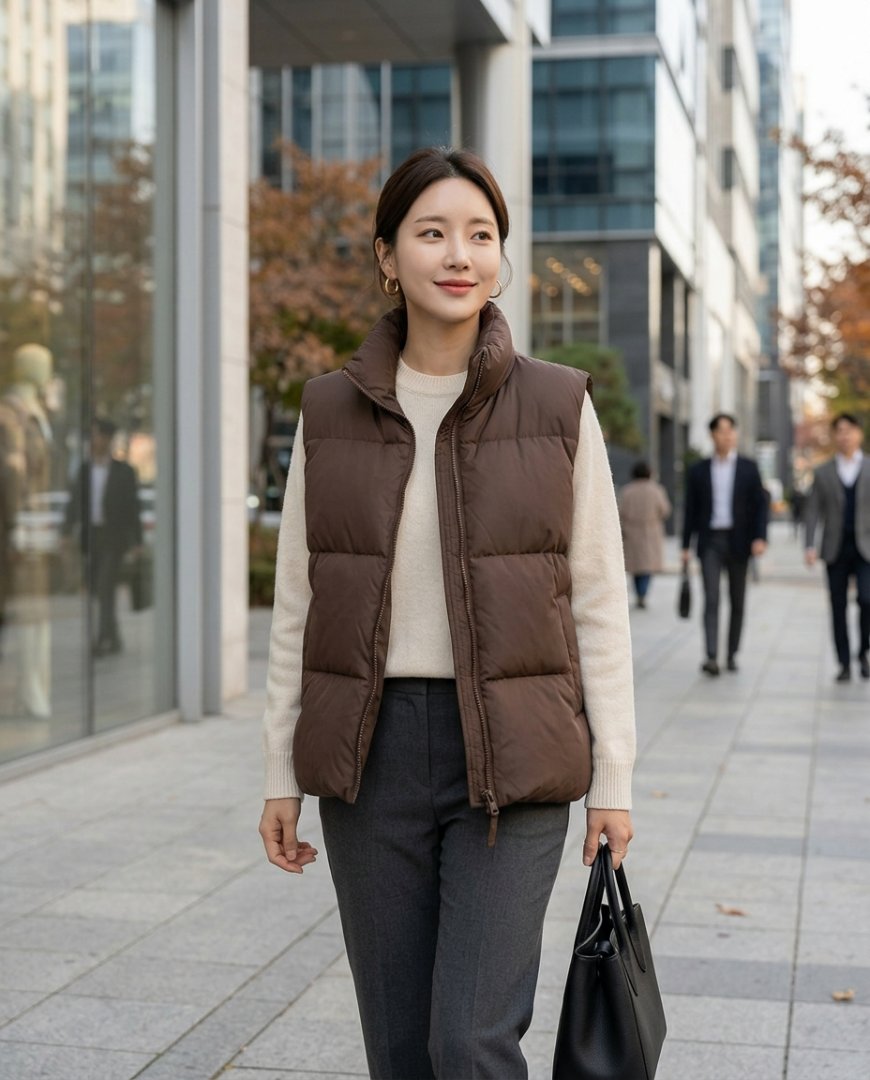 카페 앞에서 브라운 패딩조끼와 슬랙스를 입은 도시 스타일