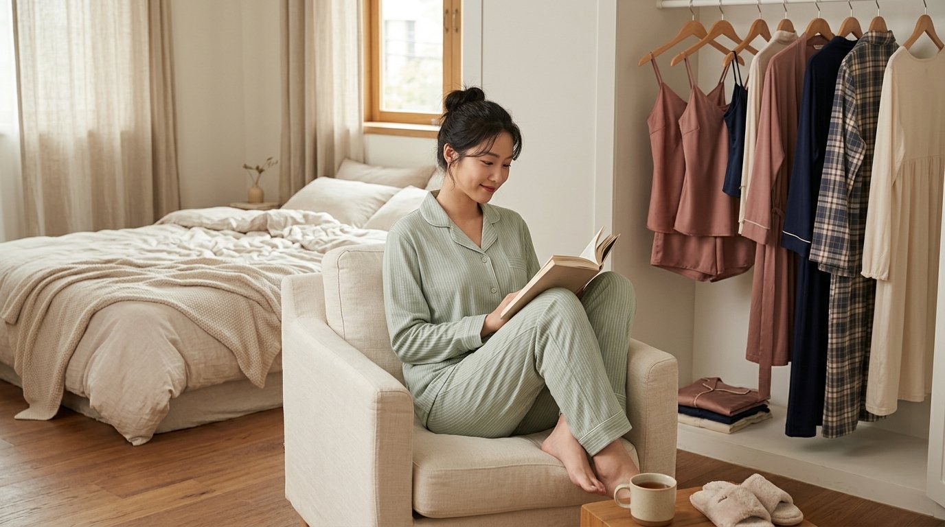 침대 위에 가지런히 놓인 다양한 스타일의 여성 잠옷