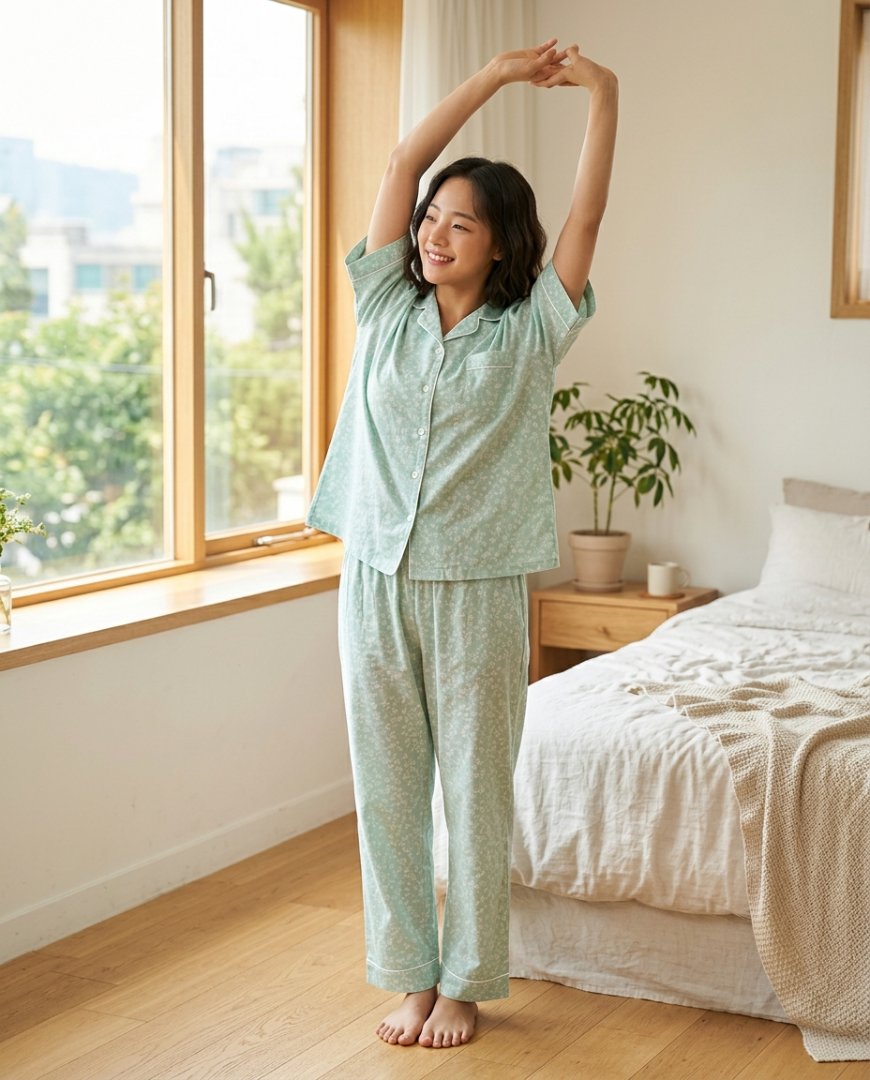 햇살이 침실에 비치며 놓인 코튼 잠옷
