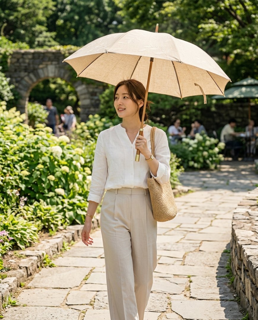 여성이 플라워 패턴의 양산을 들고 있는 모습