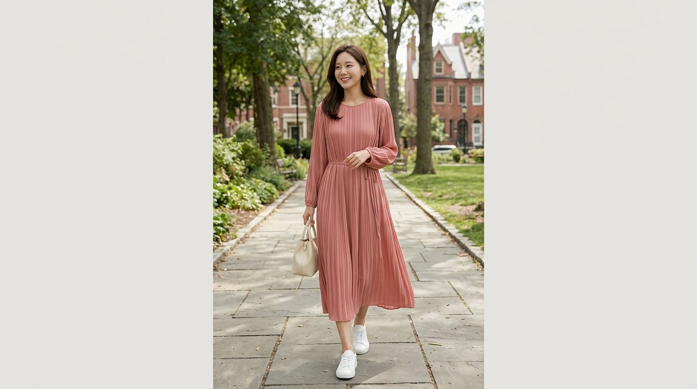 다양한 플리츠 원피스가 매장에 걸린 모습