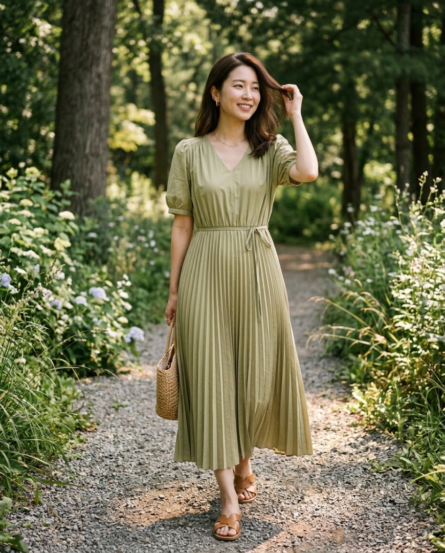 공원에서 네이비 플리츠 원피스를 입고 있는 여성