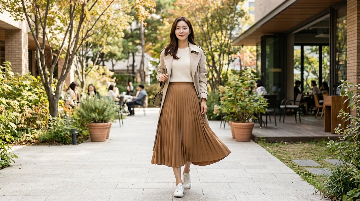 다양한 플리츠스커트가 나란히 걸려 있는 부티크 모습
