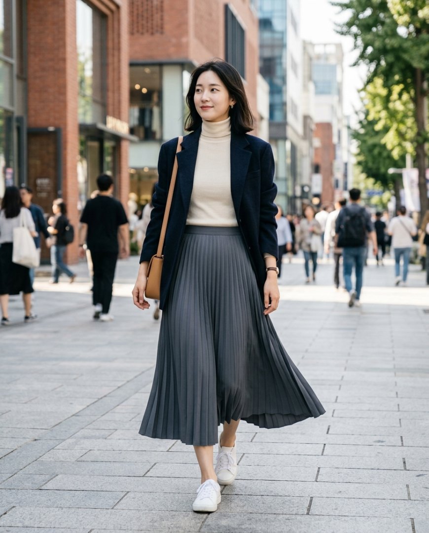 캐주얼한 상의와 흐르는 플리츠스커트를 입은 모델