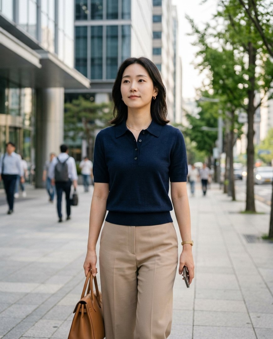 블레이저와 매치된 블랙 폴로셔츠로 완성한 비즈니스 스타일