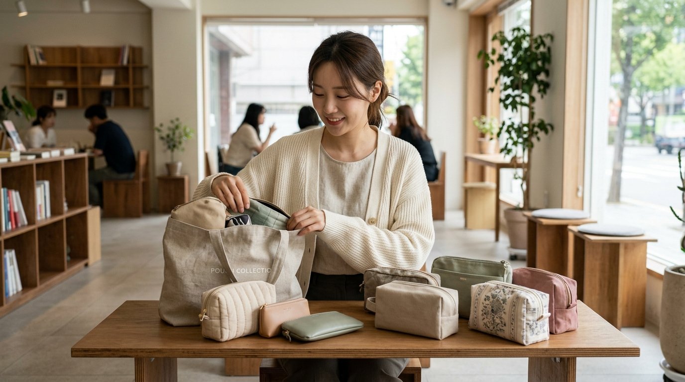 여러 종류의 여성 파우치가 선반에 진열되어 있는 장면입니다.