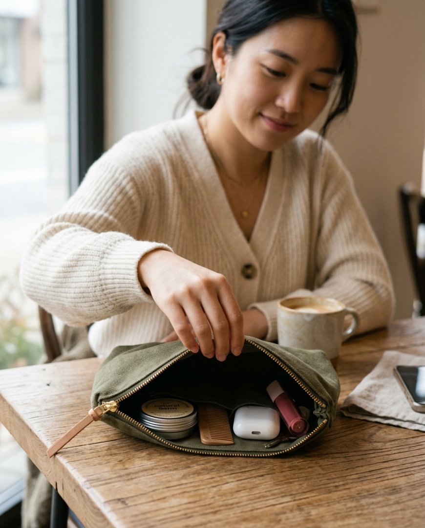 도시 거리에서 캐주얼한 옷차림과 파우치를 사용 중인 모습