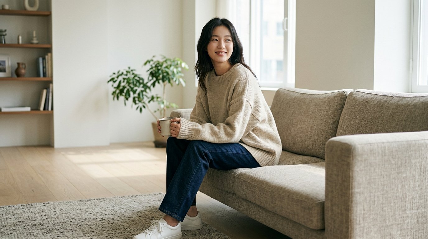 형태와 질감이 다른 풀오버가 걸린 옷장 모습