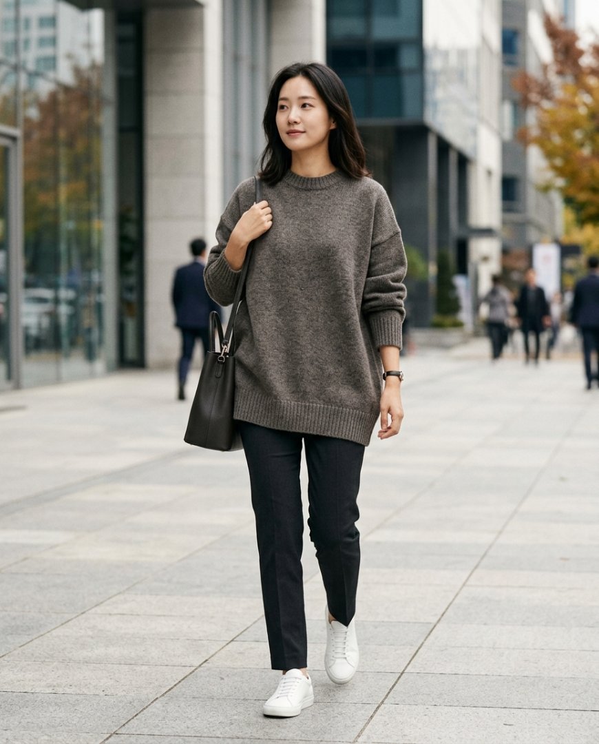여성이 그레이 풀오버와 슬랙스를 입고 사무실에 있는 장면