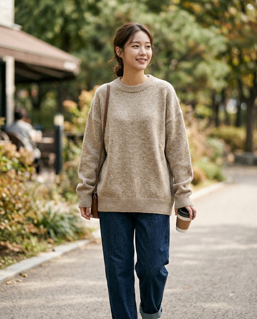여성이 루즈핏 풀오버와 청바지를 입고 야외에서 활동하는 모습