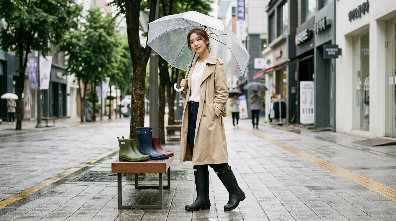비 오는 거리에서 사람들이 레인부츠를 신고 다니고 있다.