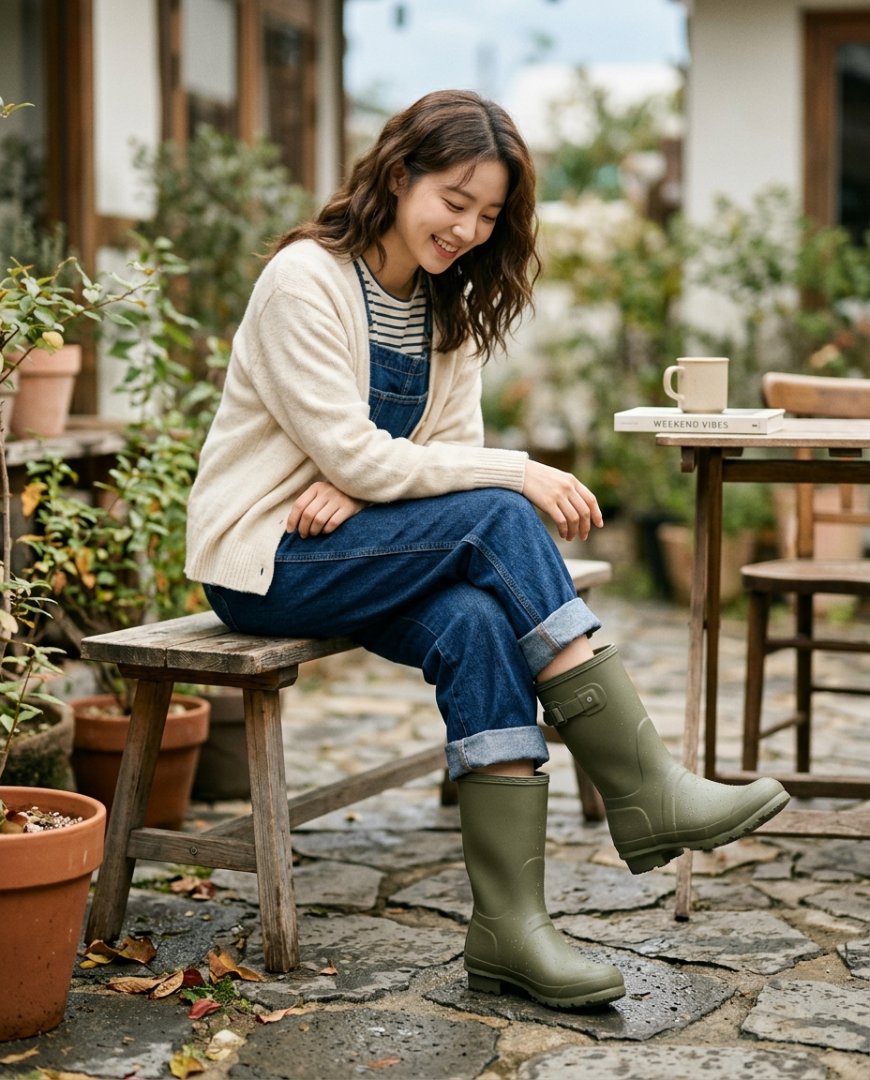 공원 벤치에 앉아 레인부츠를 신은 여성