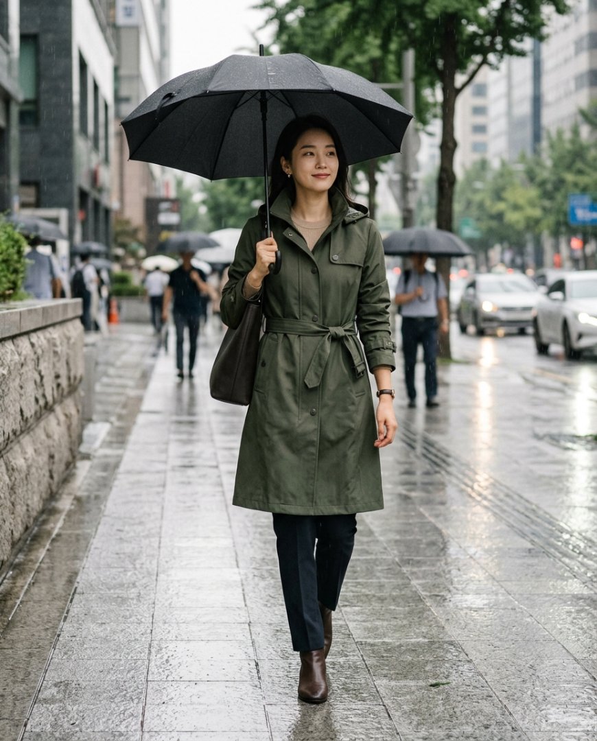 비 오는 출근길에 우아한 레인코트를 입은 여성