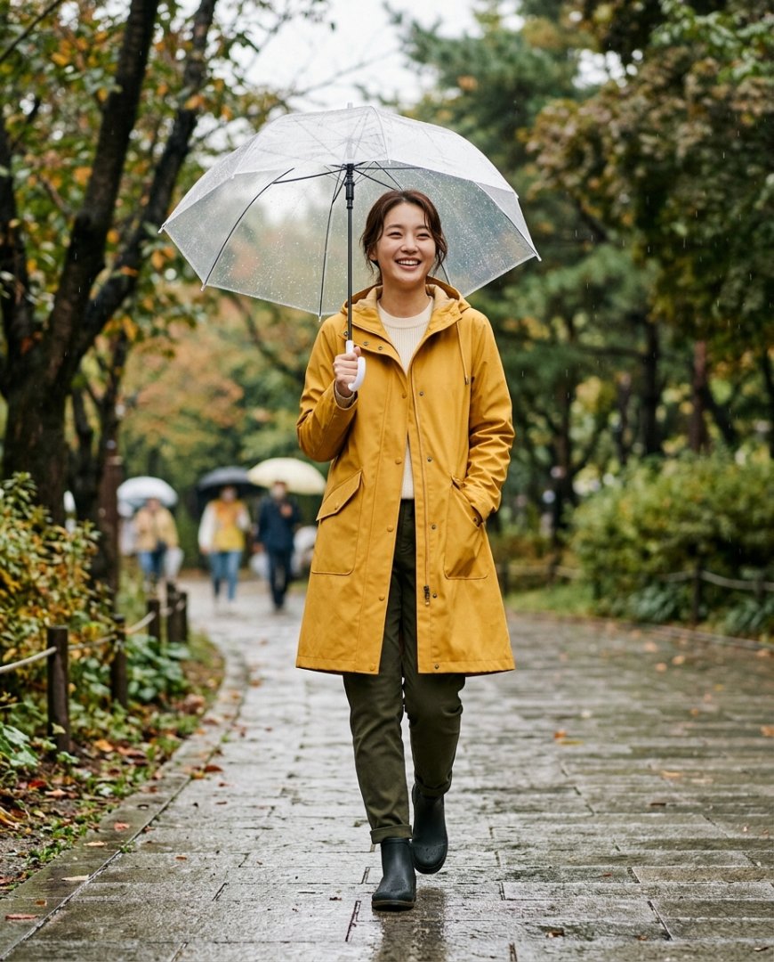 주말 활동 시 경량 레인코트를 입은 여성