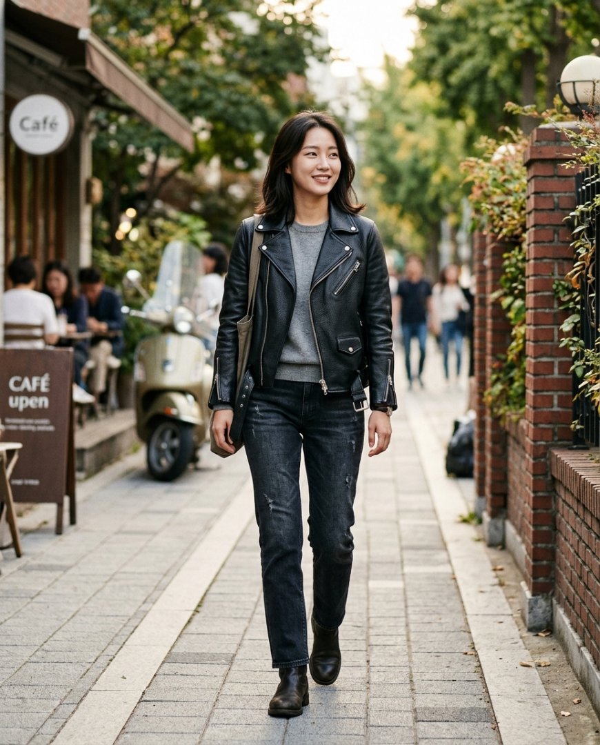 벤치에 앉아 캐주얼 자켓을 입고 있는 여성 모습