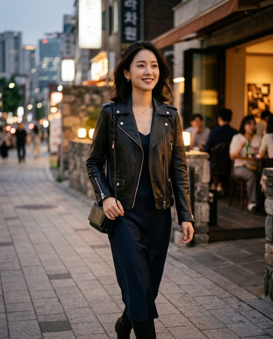 레스토랑에서 자켓과 드레스를 입고 있는 여성