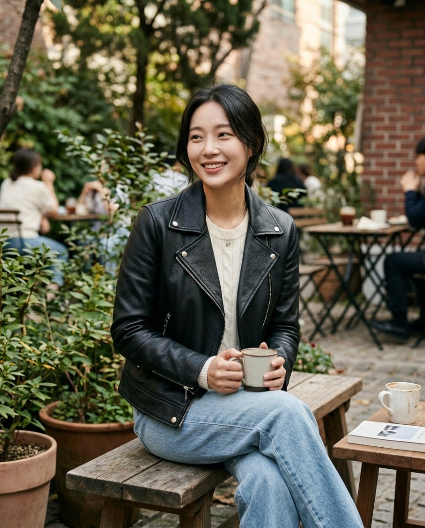 산책로를 걷고 있는 여성, 브라운 자켓 착용