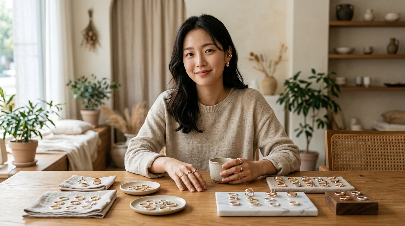 화장대 위에 다양한 반지가 놓여 있습니다.