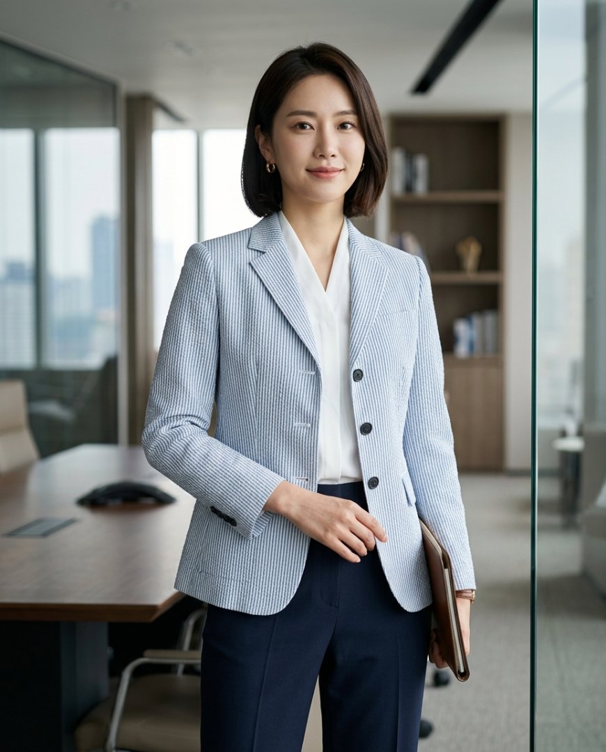 여성이 착용한 클래식한 정장 스타일 자켓